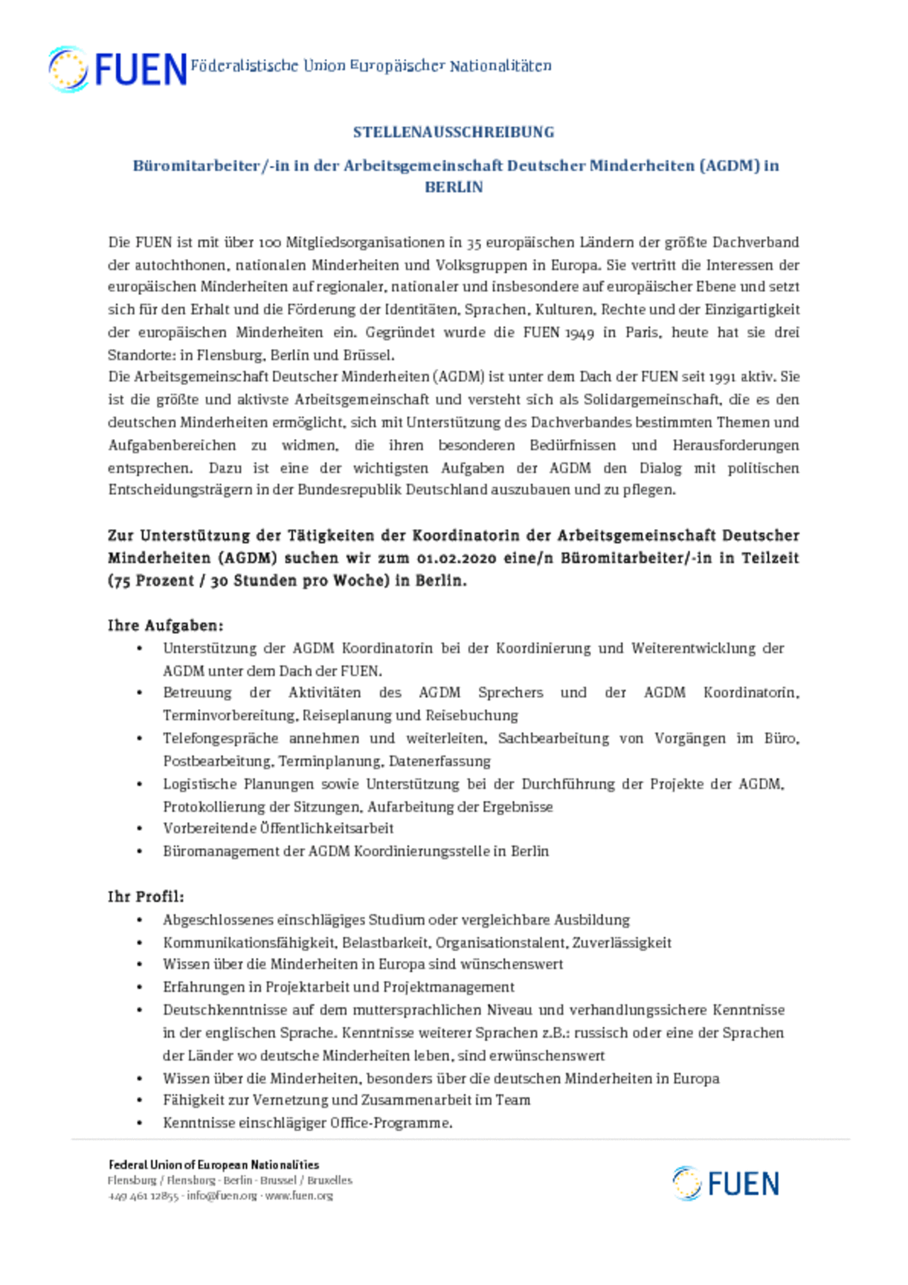 Stellenausschreibung BüromitarbeiterIn für AGDM in Berlin Stellenausschreibung BüromitarbeiterIn für AGDM in Berlin